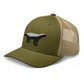 Side view of a moss green and khaki bitcoin trucker cap.