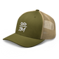 Side view of a moss green and khaki bitcoin trucker cap.