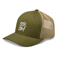 Side view of a moss green and khaki bitcoin trucker cap.