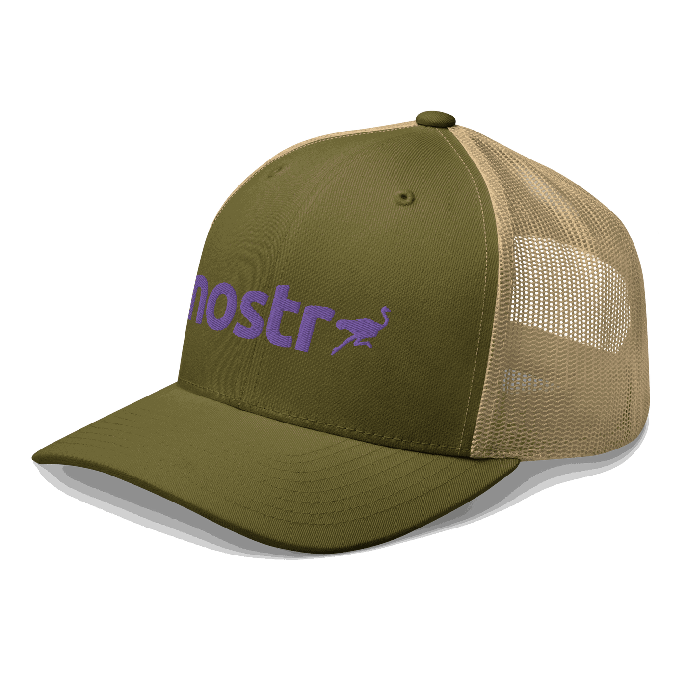 Side view of a moss green and khaki bitcoin trucker cap.