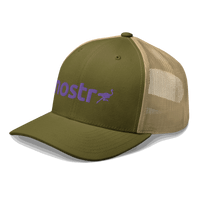 Side view of a moss green and khaki bitcoin trucker cap.