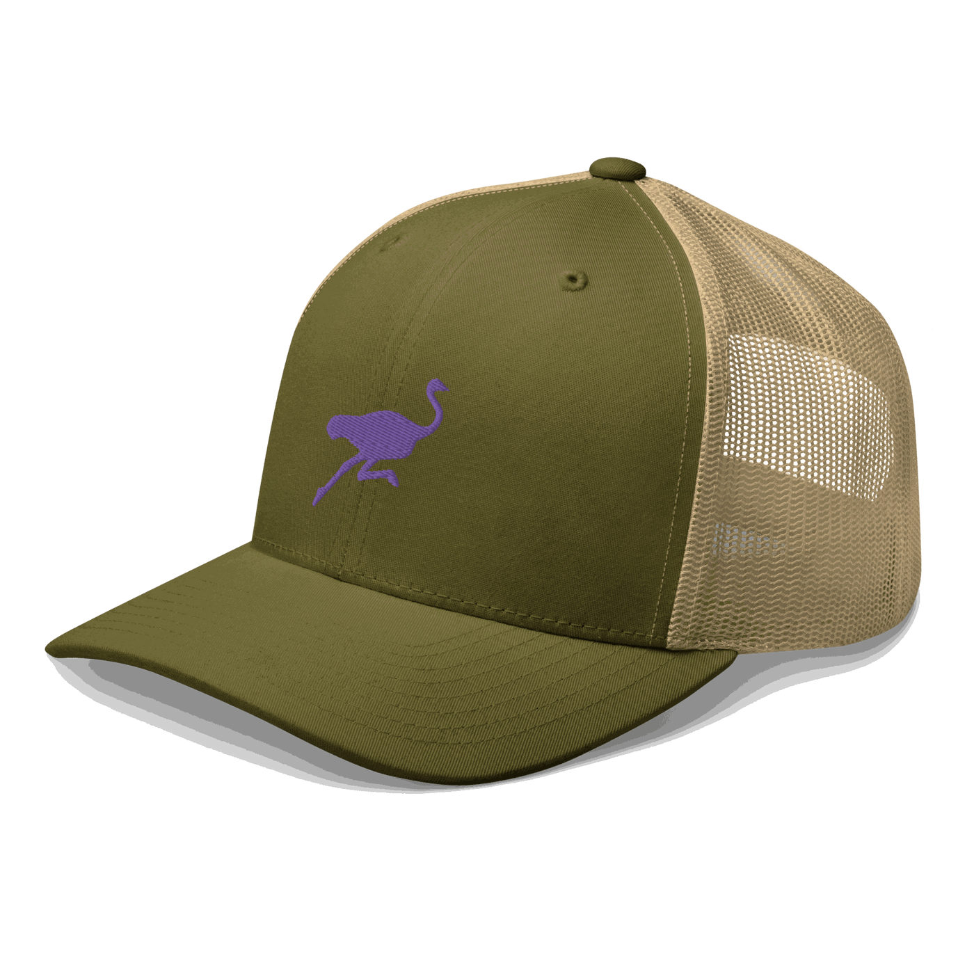 Side view of a moss green and khaki bitcoin trucker cap.