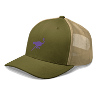 Side view of a moss green and khaki bitcoin trucker cap.