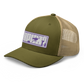 Side view of a moss green and khaki bitcoin trucker cap.