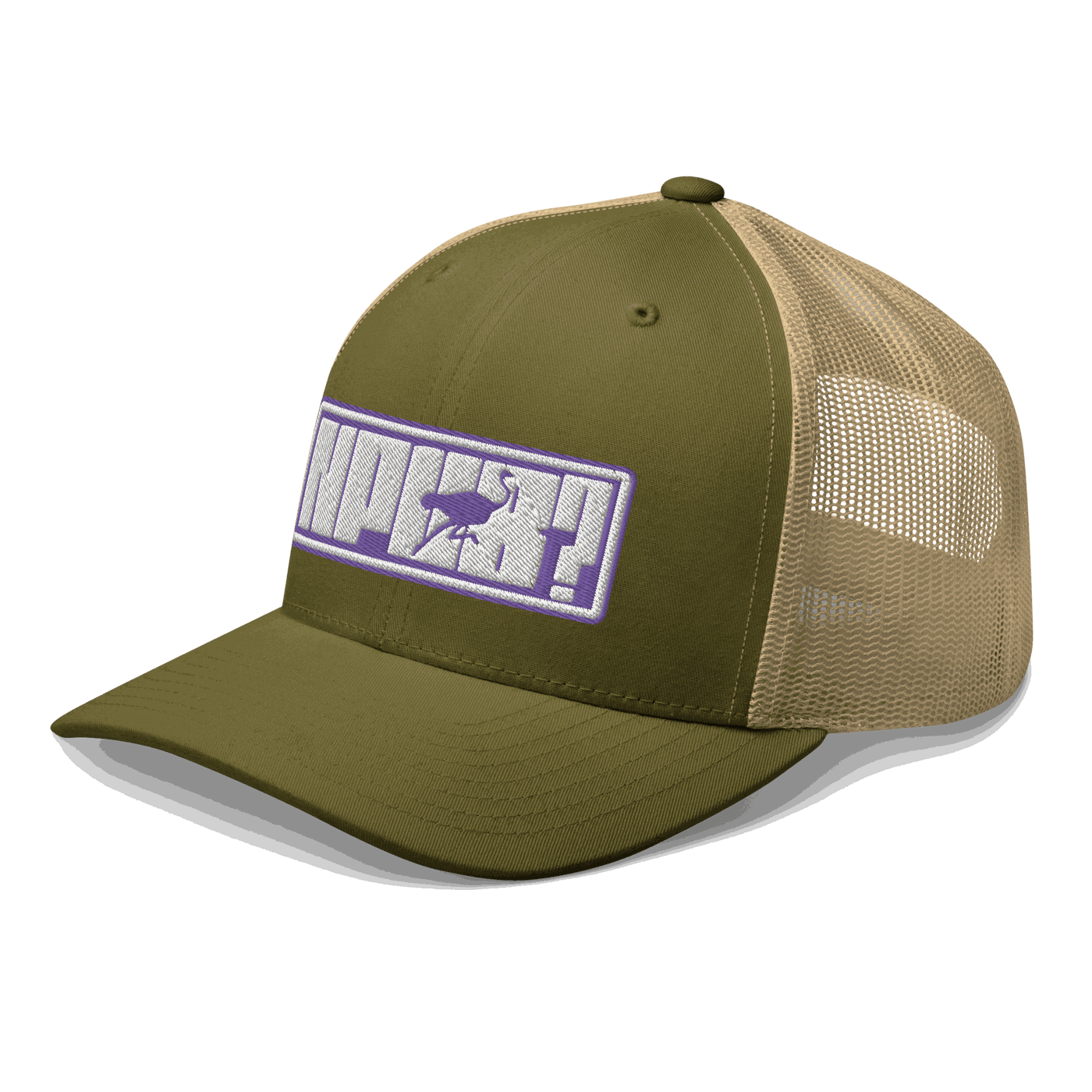 Side view of a moss green and khaki bitcoin trucker cap.