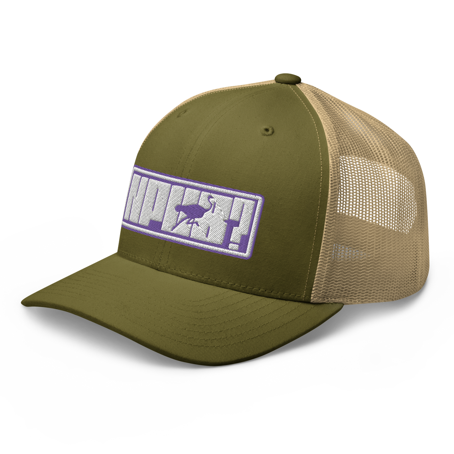 Side view of a moss green and khaki bitcoin trucker cap.