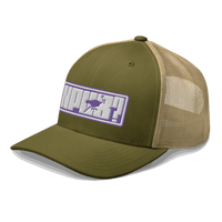 Side view of a moss green and khaki bitcoin trucker cap.