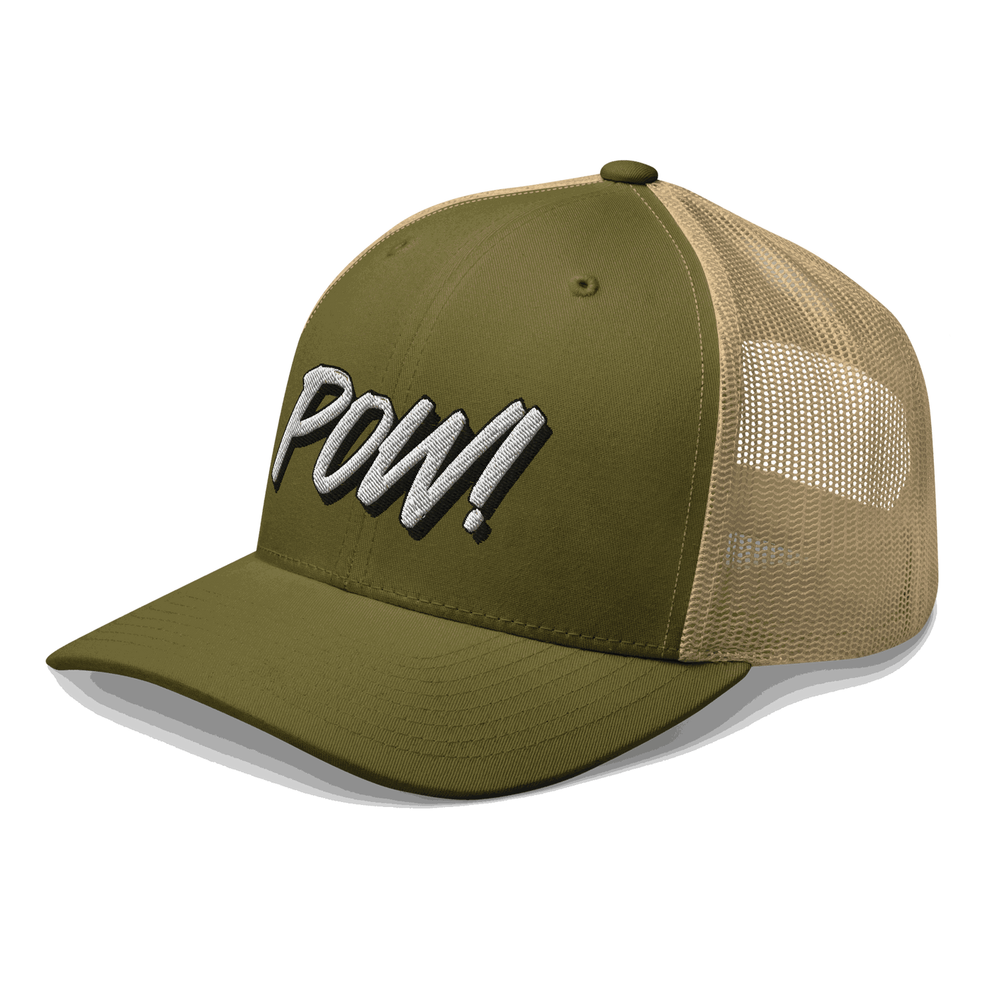 Side view of a moss green and khaki bitcoin trucker cap.