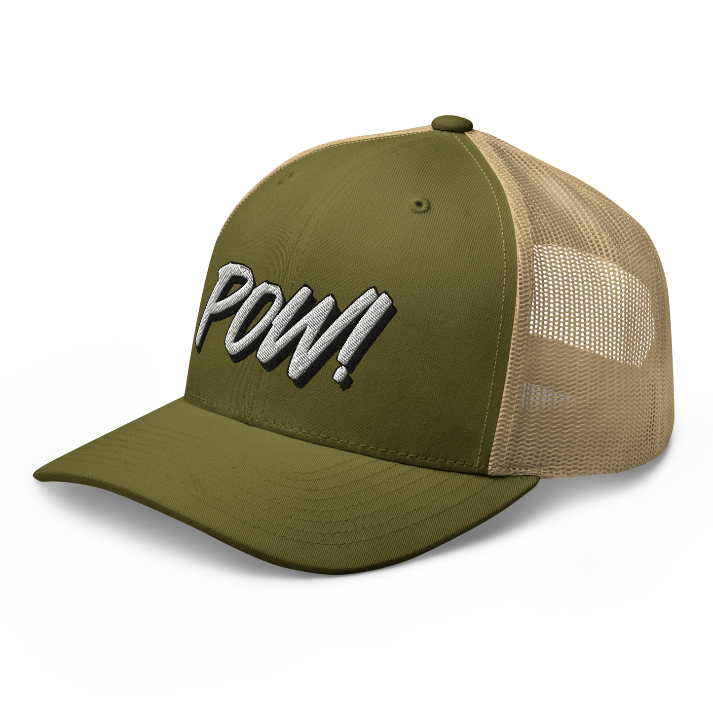 Side view of a moss green and khaki bitcoin trucker cap.