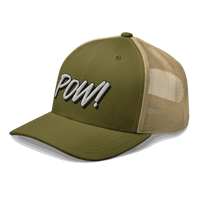 Side view of a moss green and khaki bitcoin trucker cap.