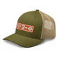 Side view of a moss green and khaki bitcoin trucker cap.