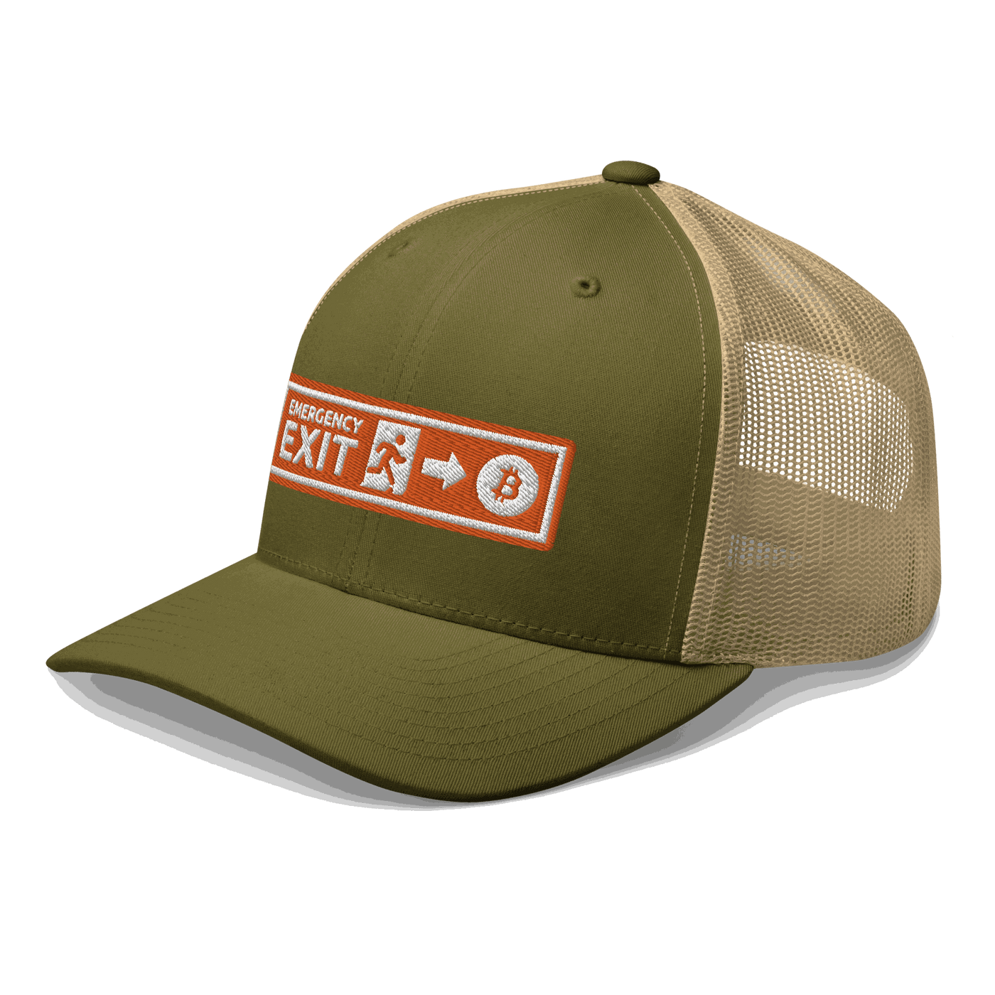 Side view of a moss green and khaki bitcoin trucker cap.