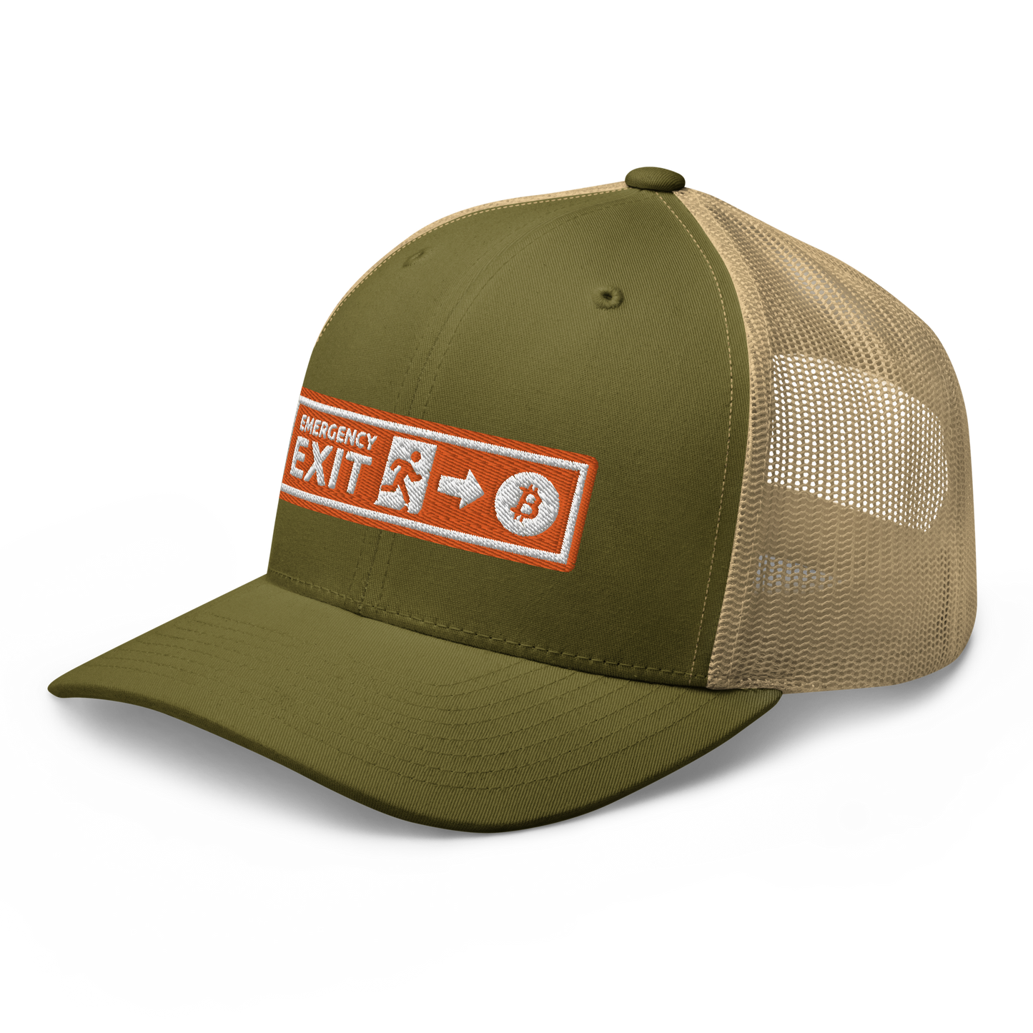 Side view of a moss green and khaki bitcoin trucker cap.