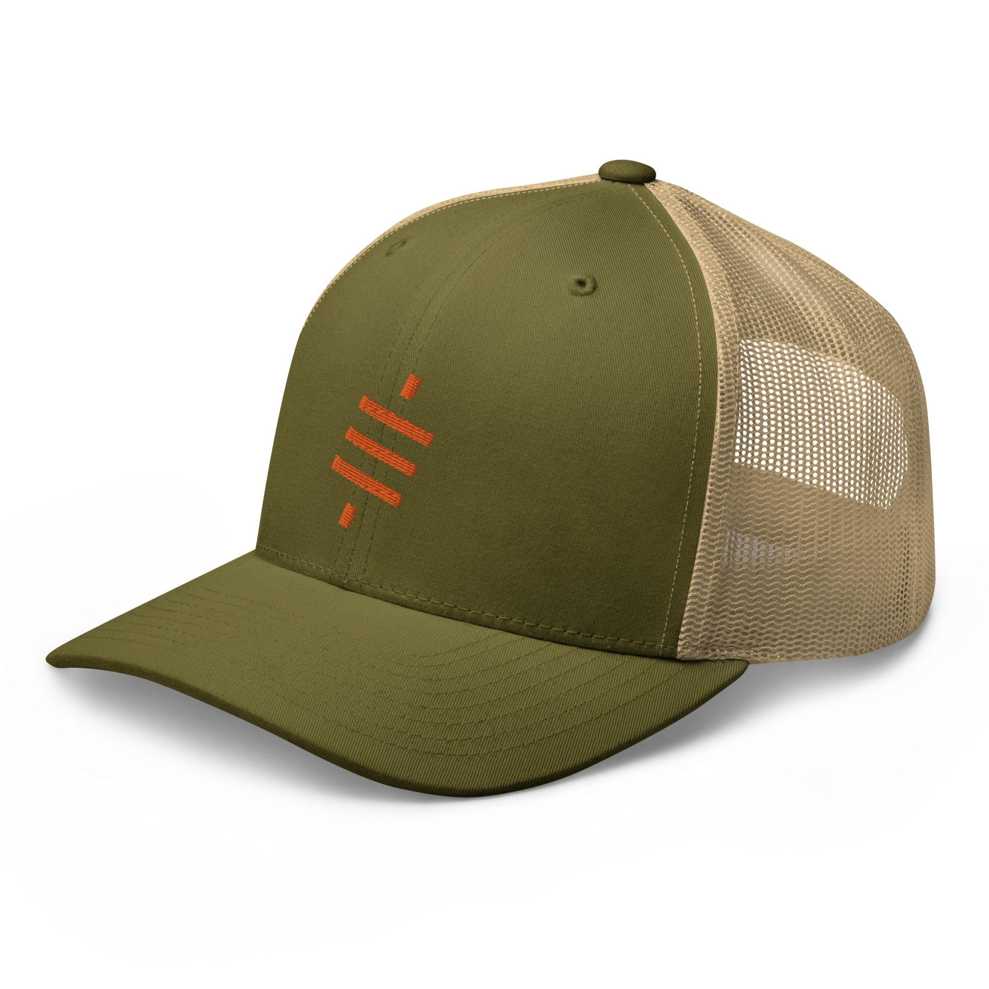 Side view of a moss green and khaki bitcoin trucker cap.