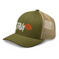 Side view of a moss green and khaki bitcoin trucker cap.