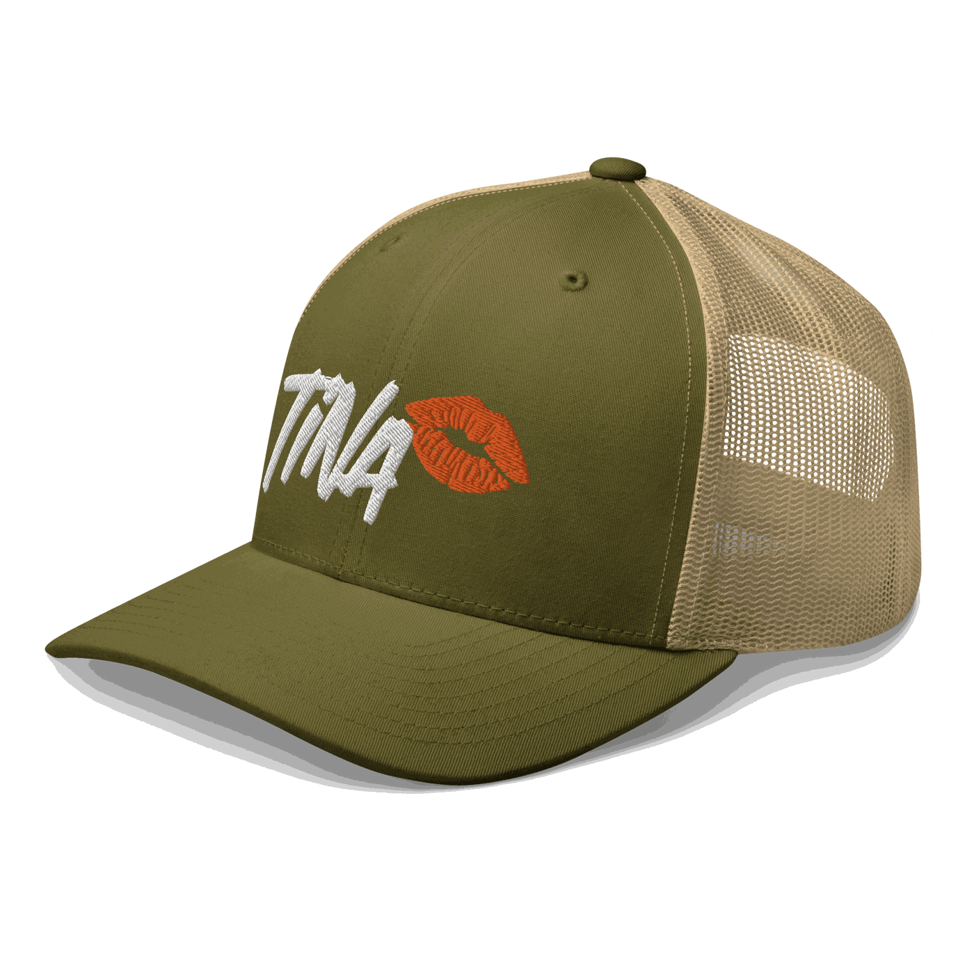 Side view of a moss green and khaki bitcoin trucker cap.