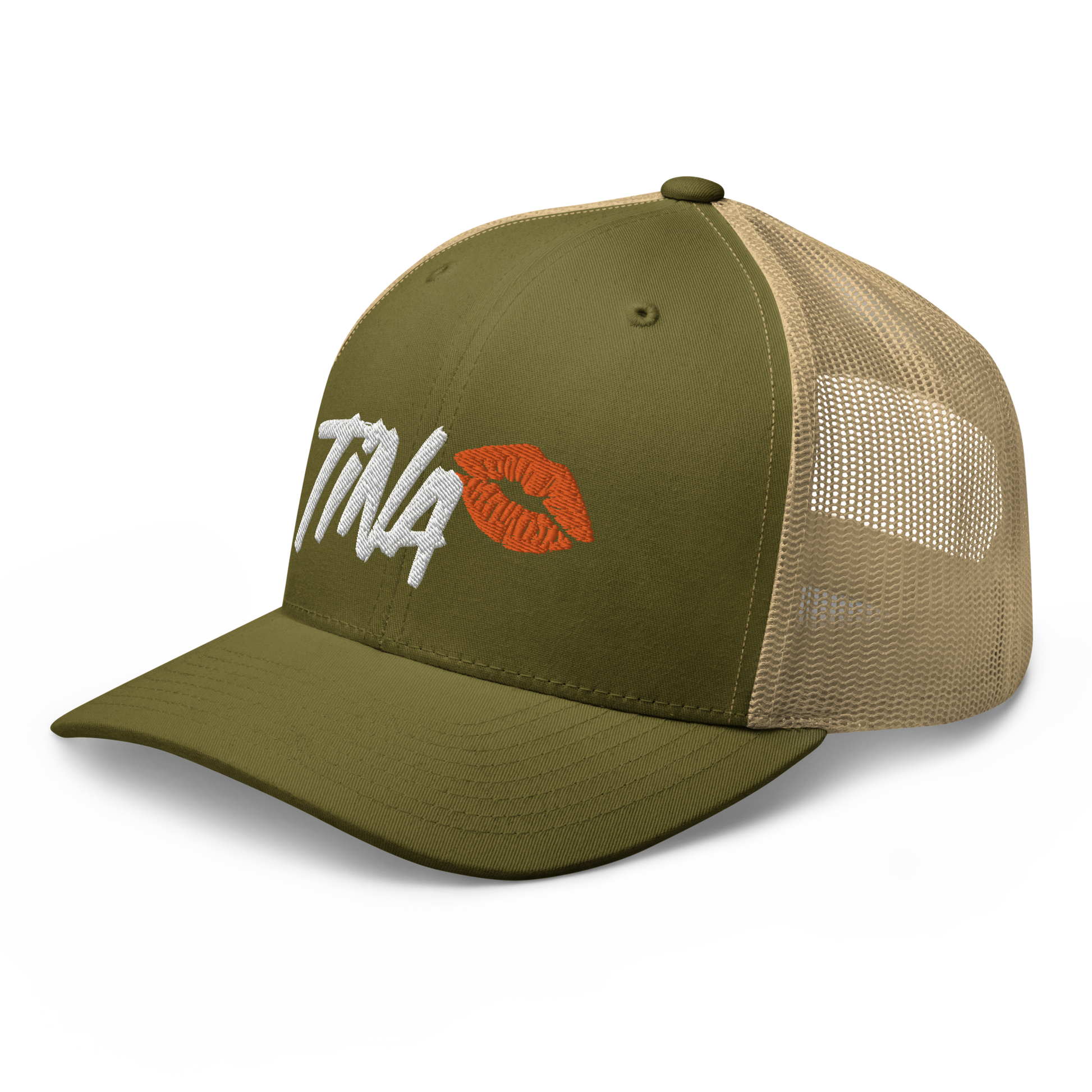 Side view of a moss green and khaki bitcoin trucker cap.