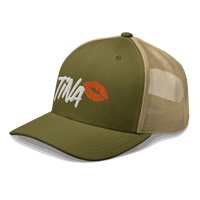Side view of a moss green and khaki bitcoin trucker cap.