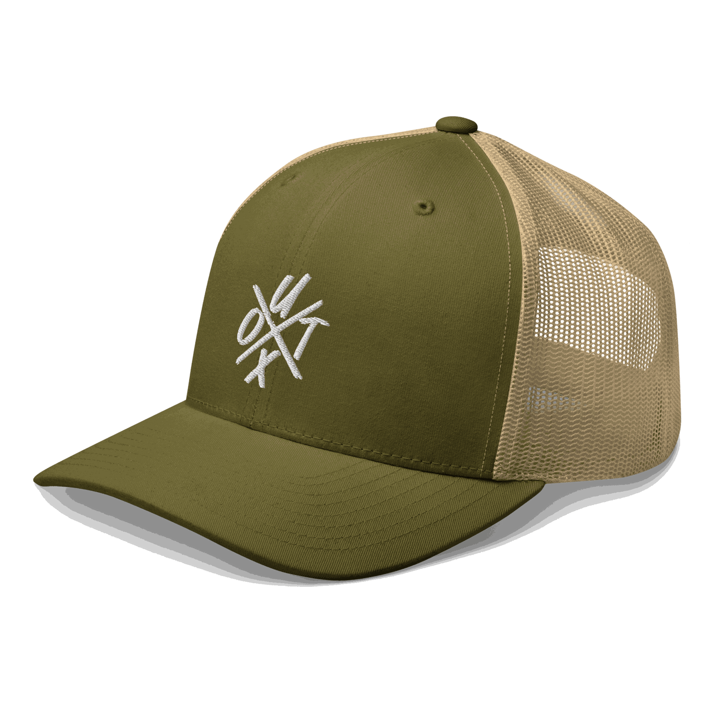Side view of a moss green and khaki bitcoin trucker cap.