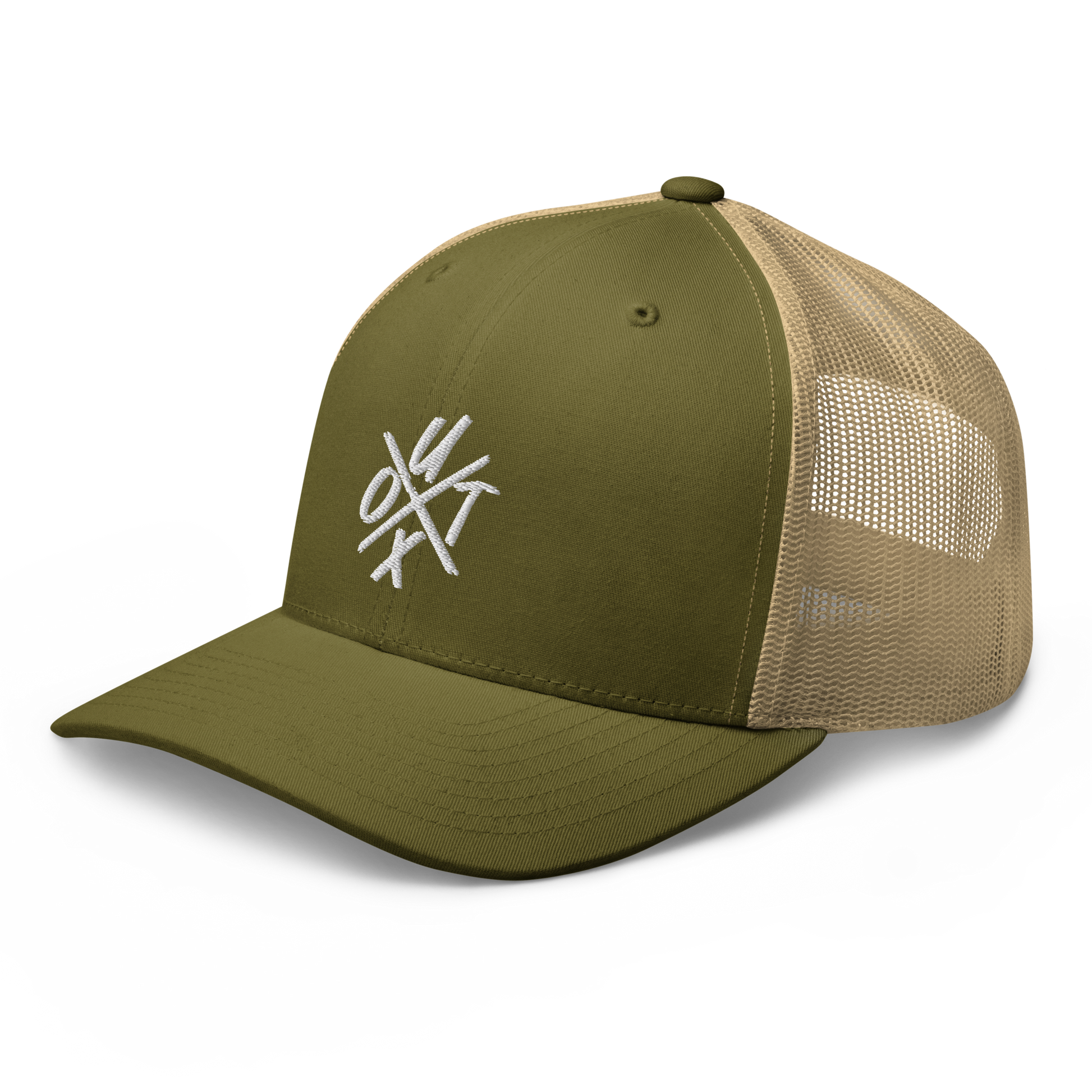 Side view of a moss green and khaki bitcoin trucker cap.