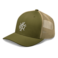Side view of a moss green and khaki bitcoin trucker cap.