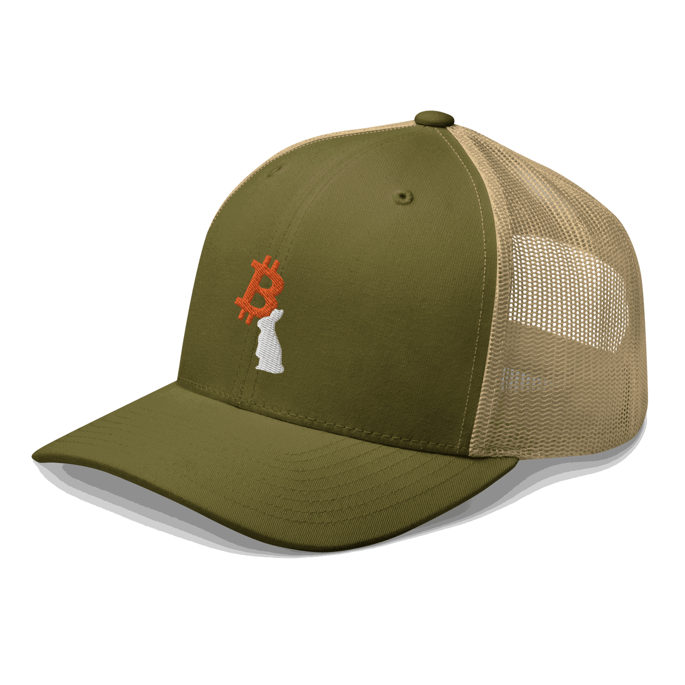 Side view of a moss green and khaki bitcoin trucker cap.