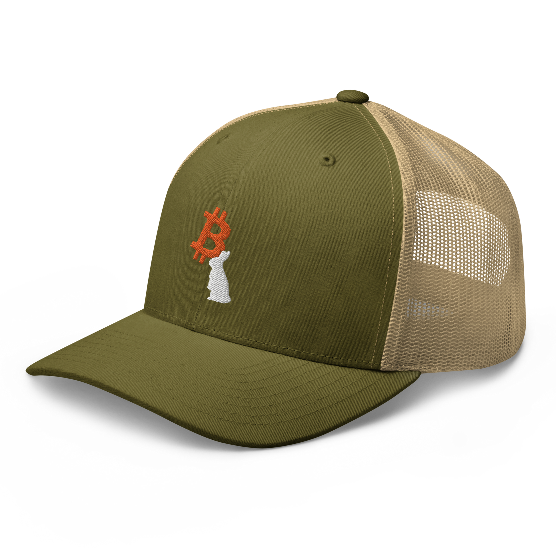 Side view of a moss green and khaki bitcoin trucker cap.