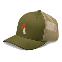 Side view of a moss green and khaki bitcoin trucker cap.
