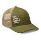 Side view of a moss green and khaki bitcoin trucker cap.