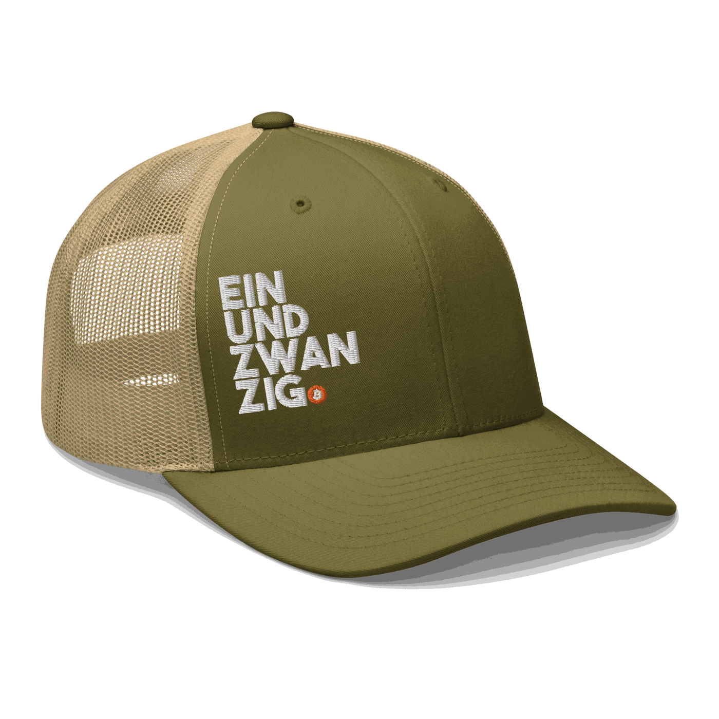 Black Einundzwanzig Bitcoin trucker cap with mesh back and embroidered logo