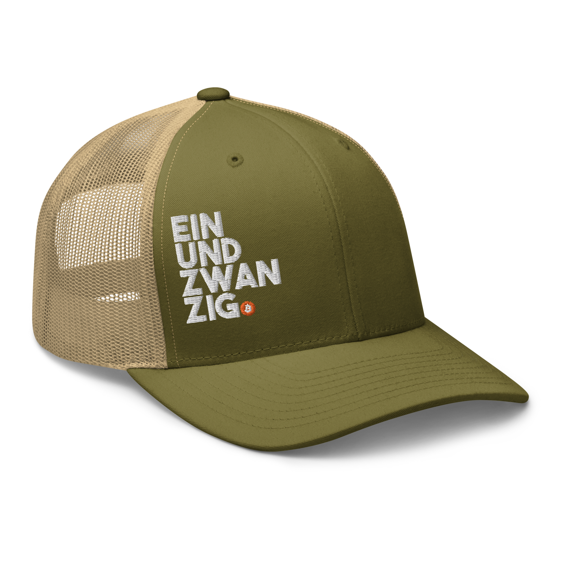 Side view of a moss green and khaki bitcoin trucker cap.