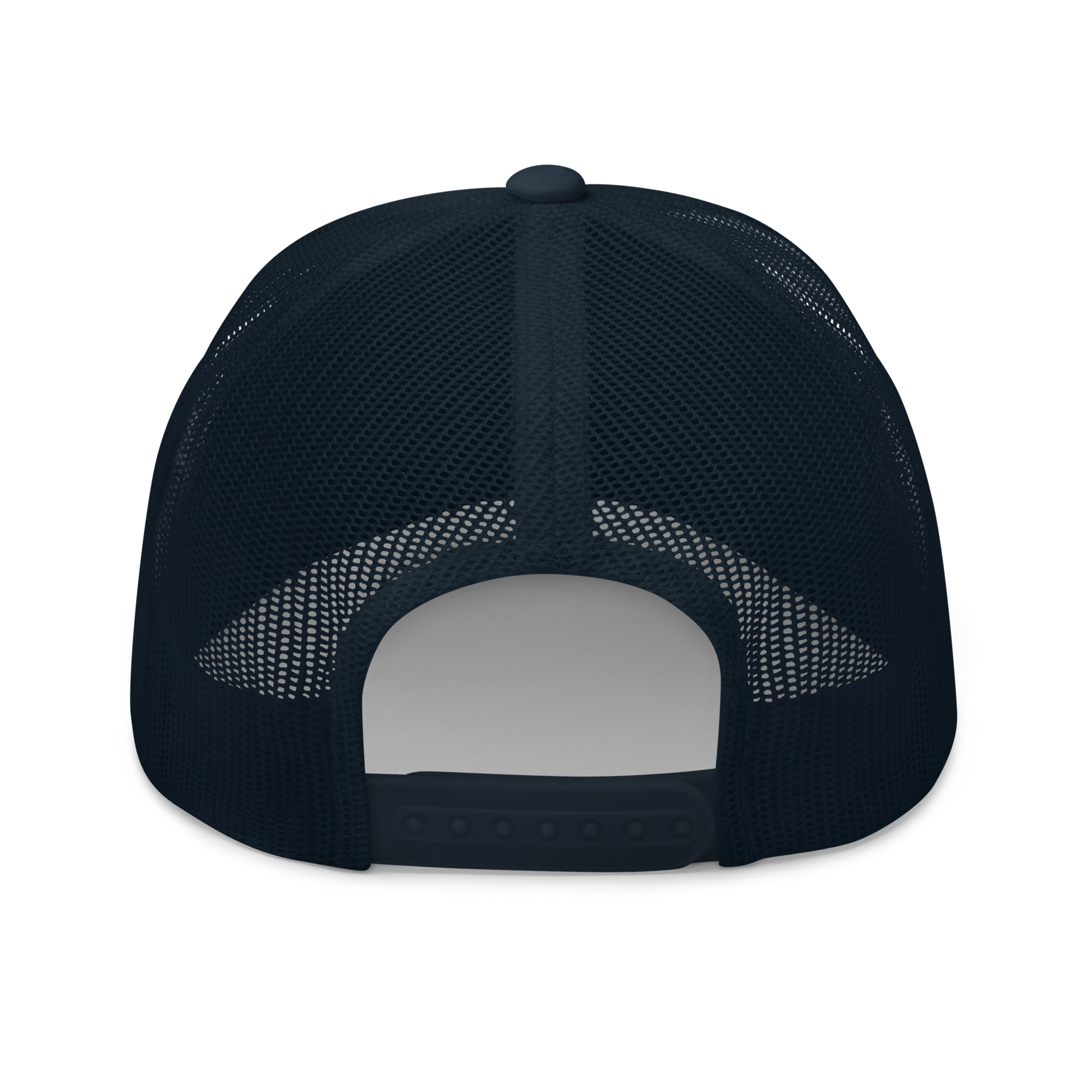 Back view of a navy blue bitcoin trucker cap.