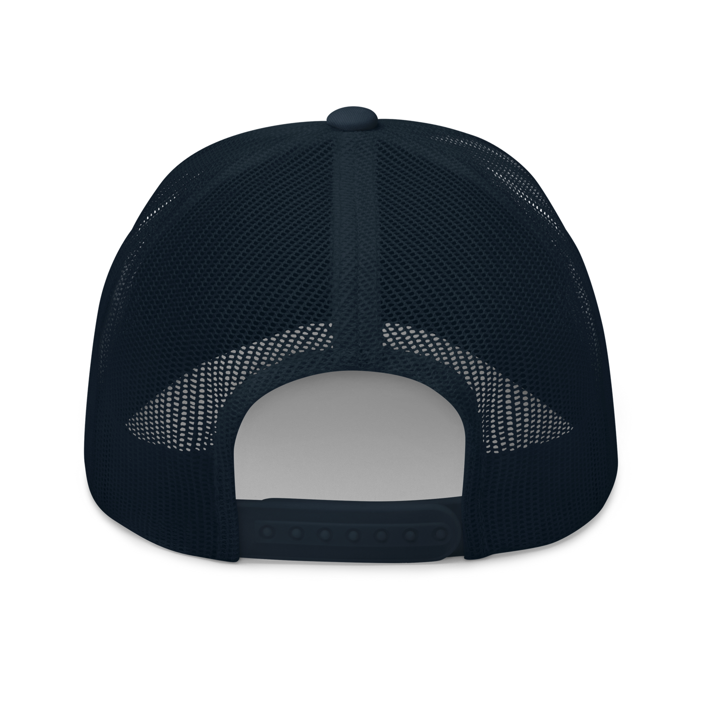 Sats symbol bitcoin trucker cap in Navy, back view.