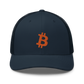 Front view of a navy blue bitcoin trucker cap.