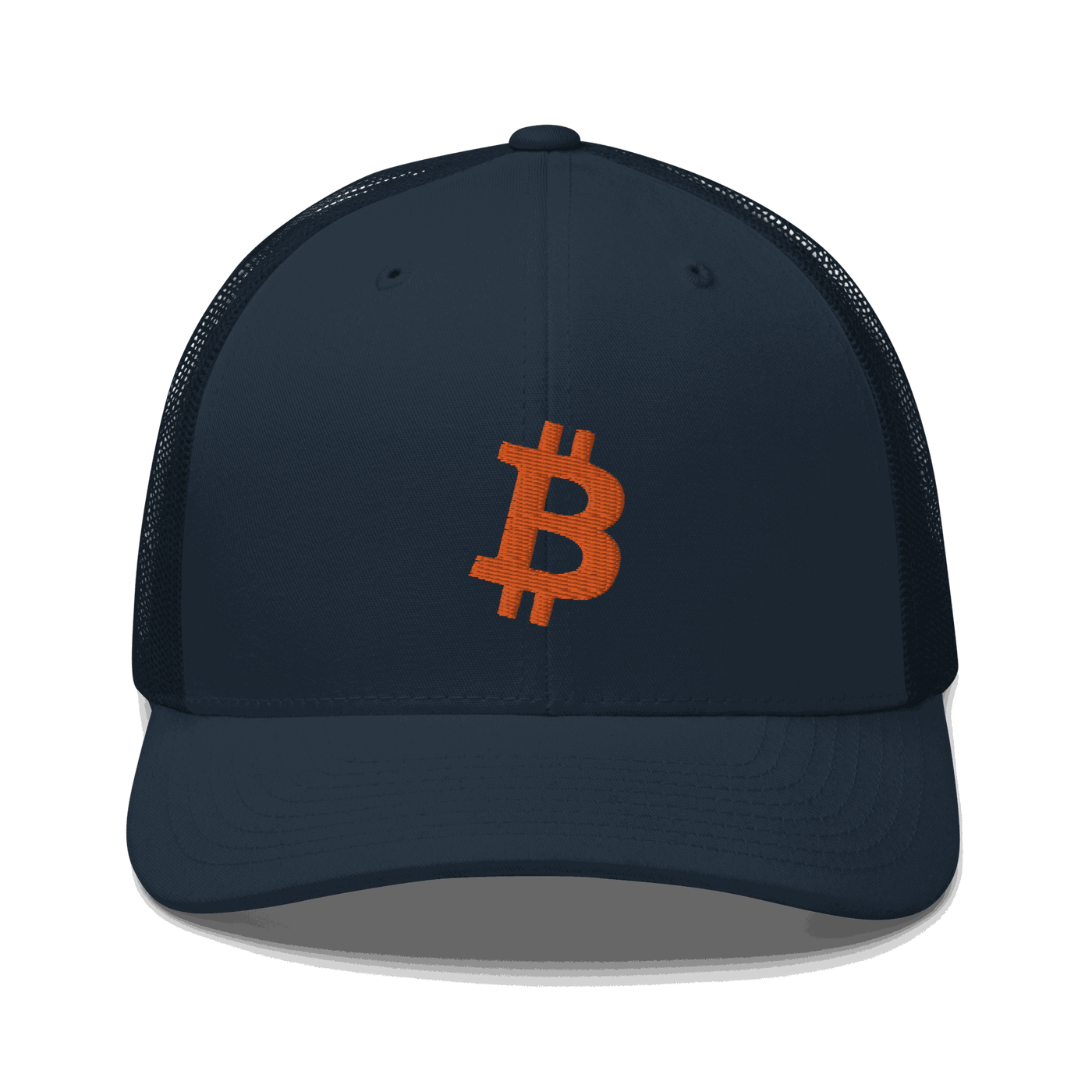 Front view of a navy blue bitcoin trucker cap.