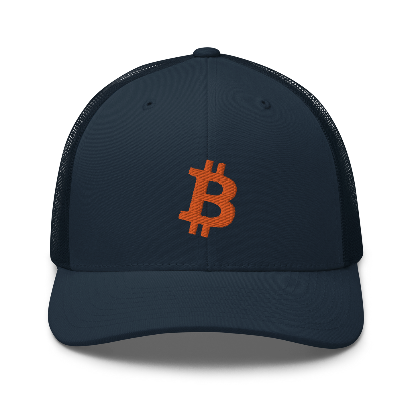 Front view of a navy blue bitcoin trucker cap.