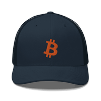 Front view of a navy blue bitcoin trucker cap.