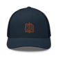 Front view of a navy blue bitcoin trucker cap.