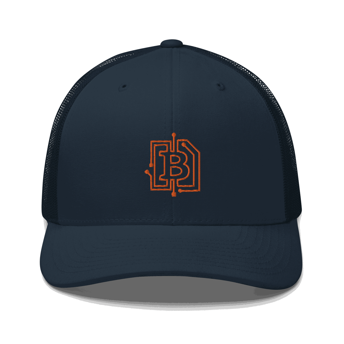 Front view of a navy blue bitcoin trucker cap.
