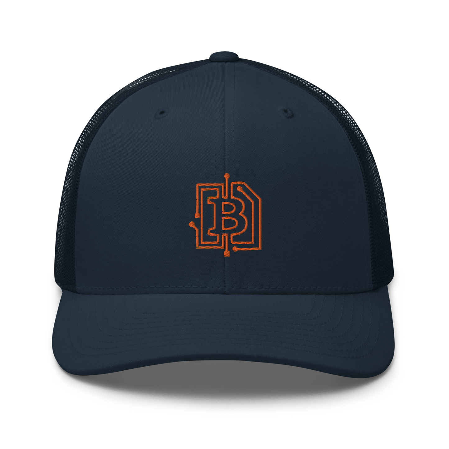 Front view of a navy blue bitcoin trucker cap.