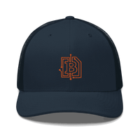 Front view of a navy blue bitcoin trucker cap.