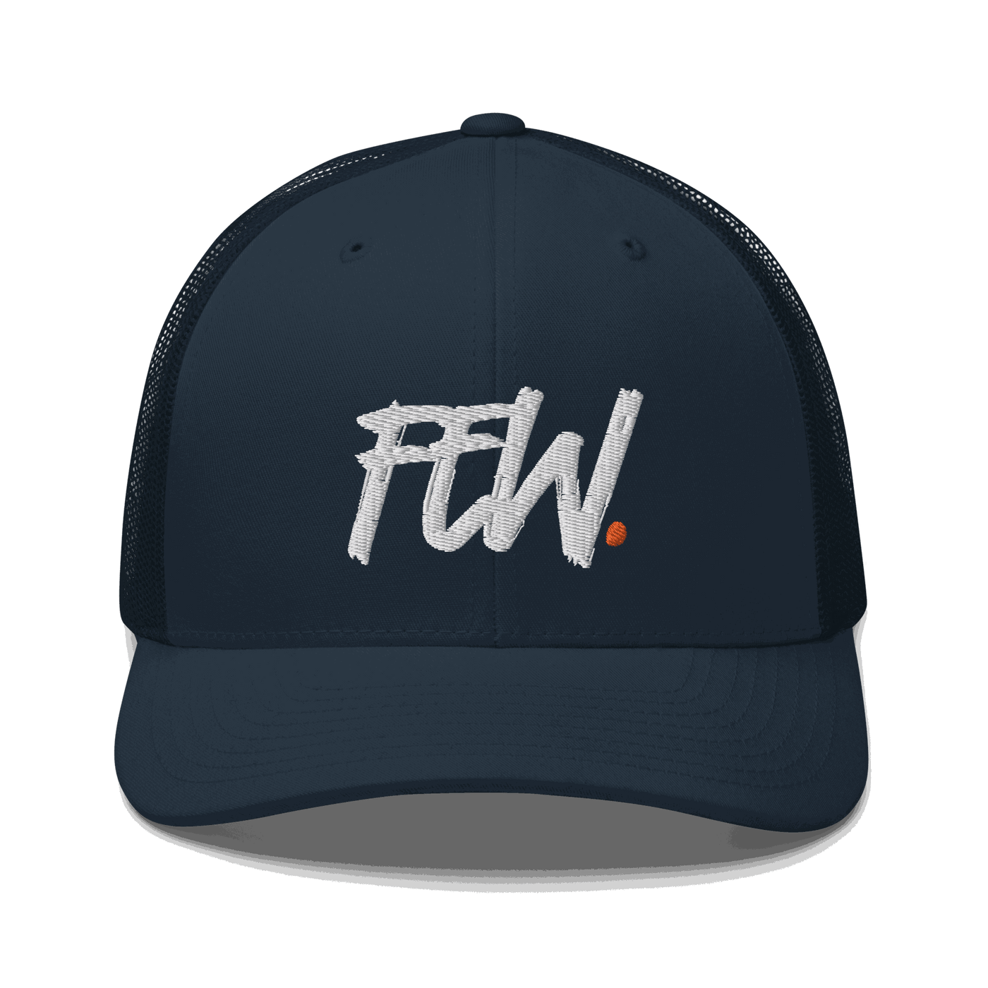 Front view of a navy blue bitcoin trucker cap.