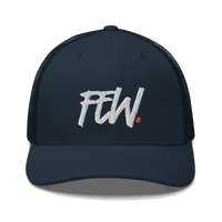 Front view of a navy blue bitcoin trucker cap.