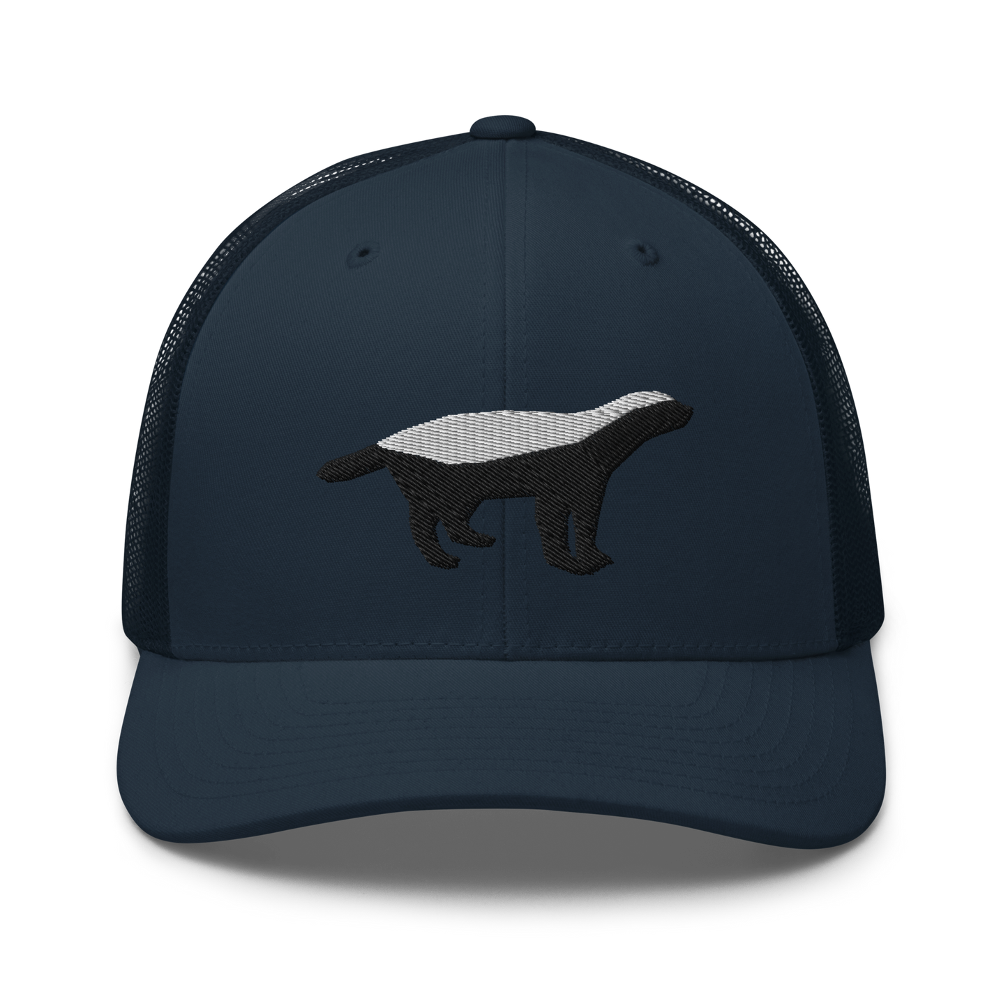 Front view of a navy blue bitcoin trucker cap.