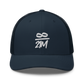 Front view of a navy blue bitcoin trucker cap.