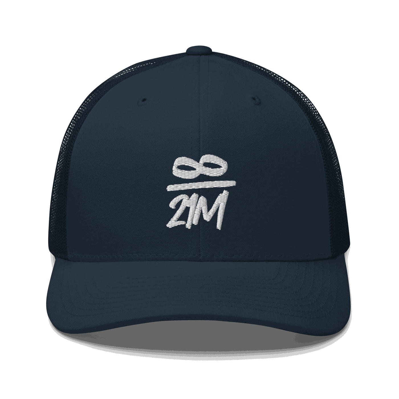 Front view of a navy blue bitcoin trucker cap.