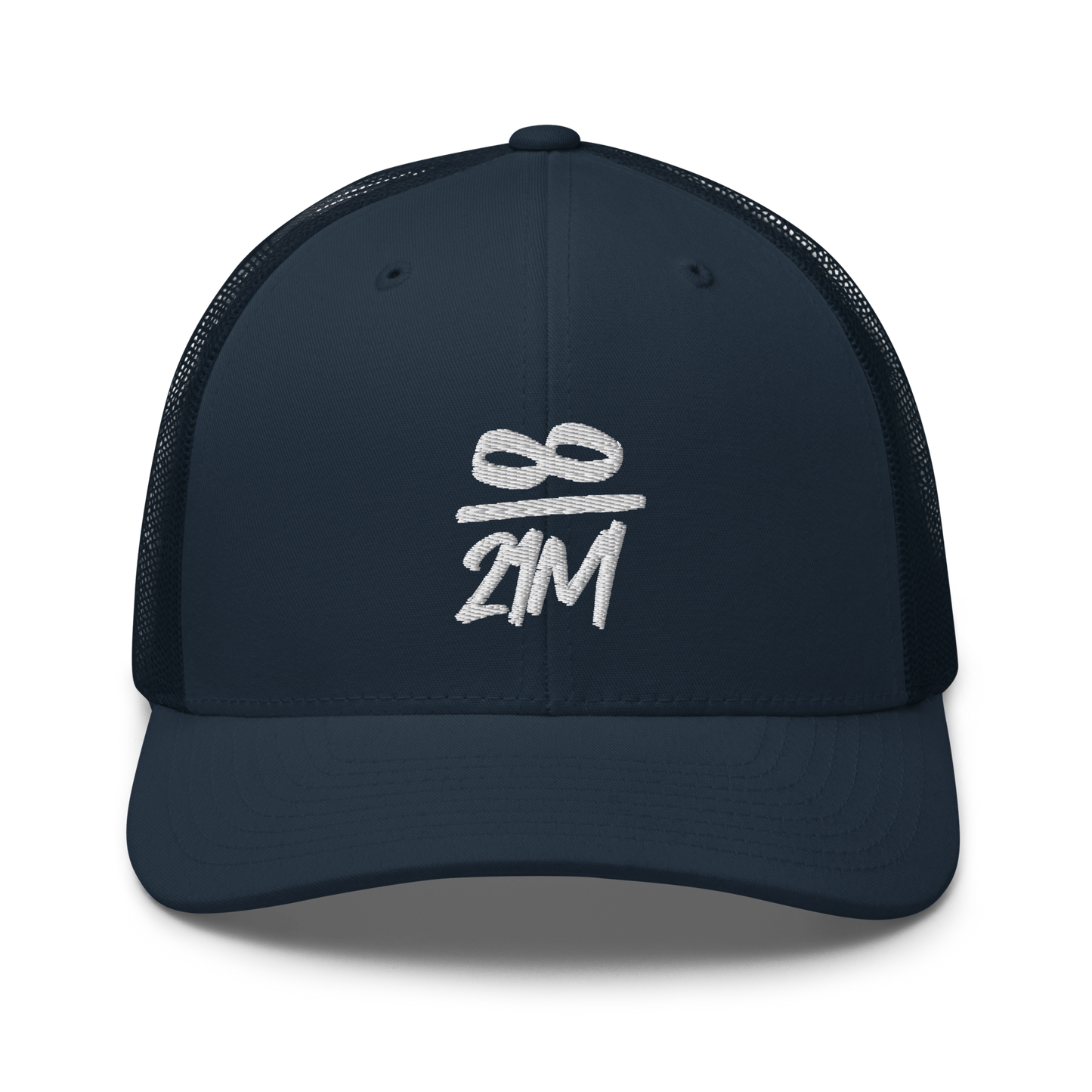 Front view of a navy blue bitcoin trucker cap.