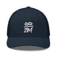 Front view of a navy blue bitcoin trucker cap.
