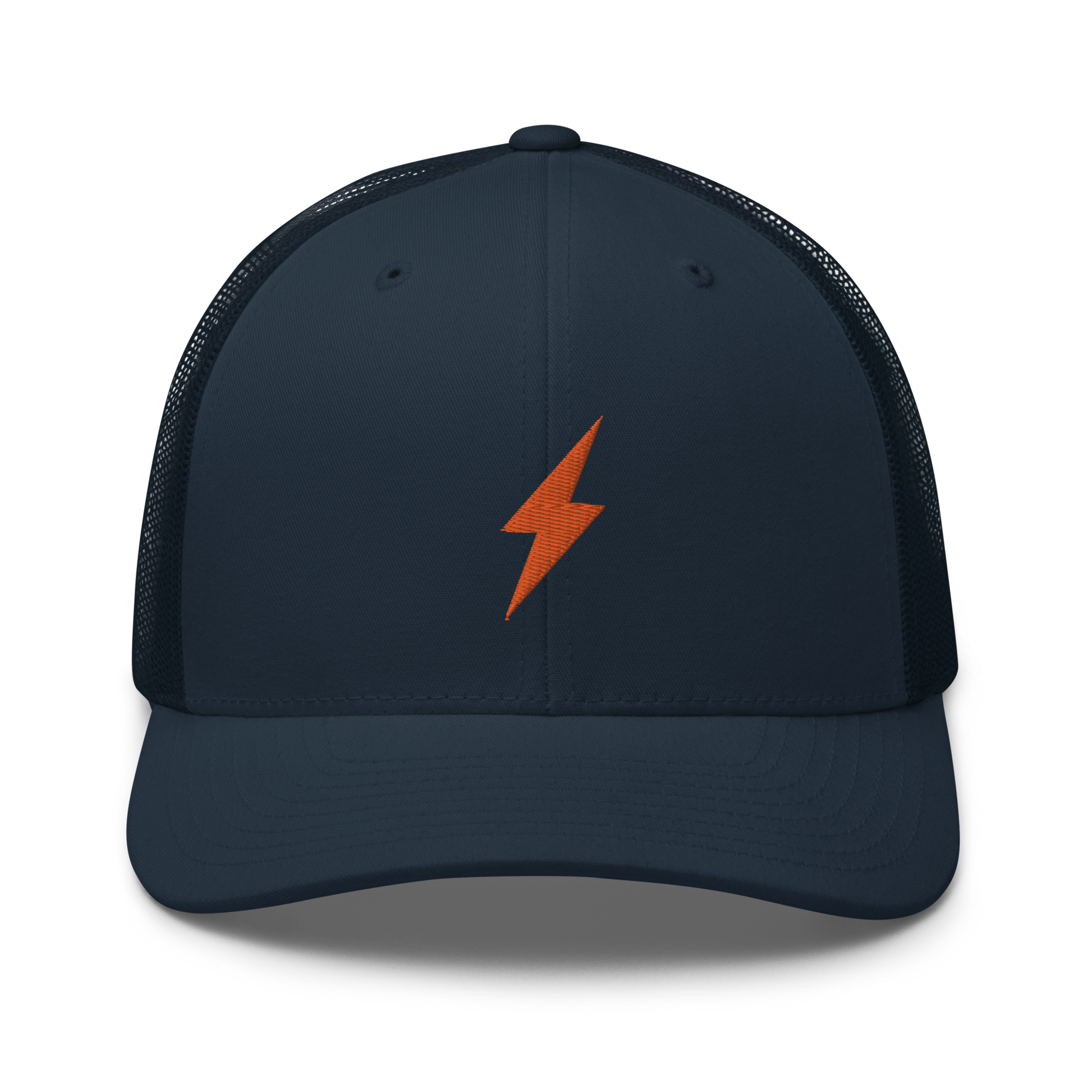 Front view of a navy blue bitcoin trucker cap.