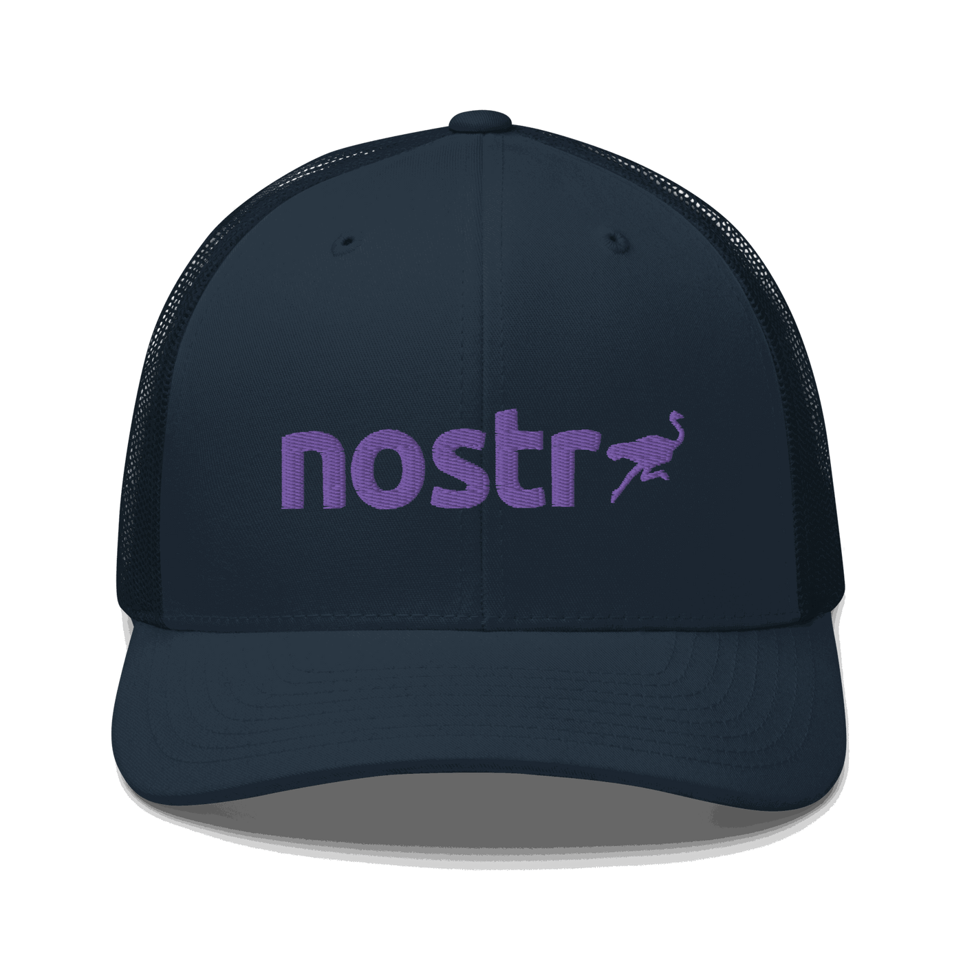 Front view of a navy blue bitcoin trucker cap.